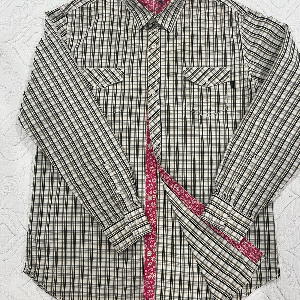 Men's Black and White Plaid Shirt with Red Accents